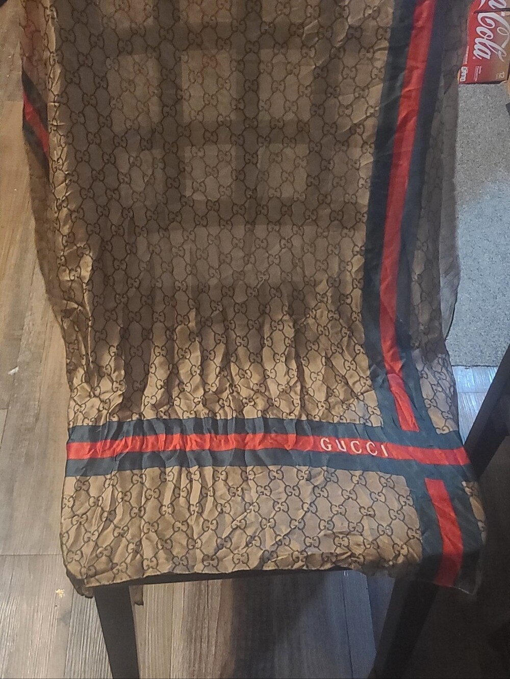 Gucci Brown Monogram Silk Scarf with Red & Blue Stripes